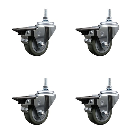 Service Caster 3 Inch Gray Polyurethane 12 MM Threaded Stem Caster Set with Brake SCC-TS20S314-PPUB-PLB-M1215-4